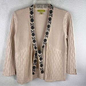 SIGRID OLSEN Cream Cardigan w/bold embroidered neckline & tie. Size Medium.